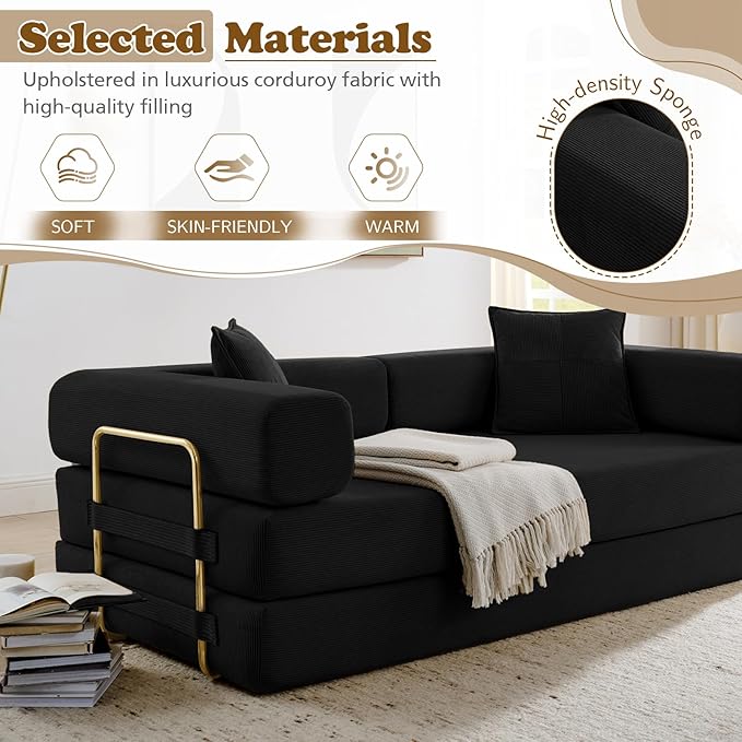 Antetek Convertible Futon Sofa Bed, 3-Seater Modern Corduroy Foam Floor King Size Bed Fold Out Sleeper Lounge Loveseat Sofa Couch with 2 Throw Pillows for Living Room Bedroom Guest Room, Black