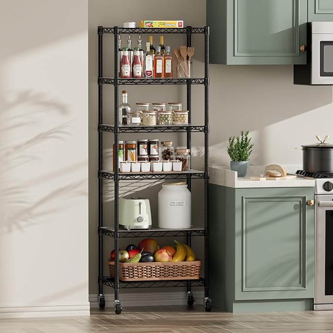 SINGAYE 6 Shelf Storage Wire Shelves Closet Bathroom Organizers Metal Pantry Kitchen Small Garage Shelving Unit Laundry Room Organization Home Narrow Rack Net Basket with Wheels Black
