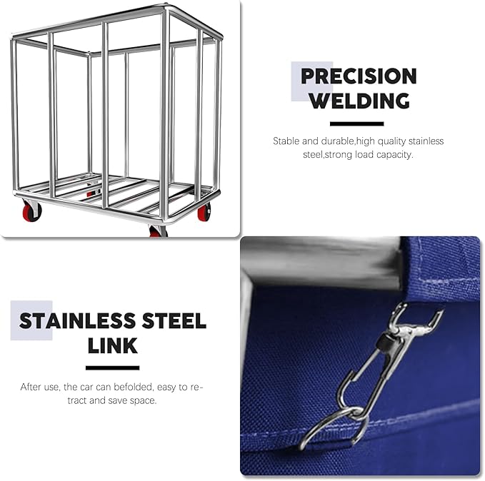 Commercial Laundry Cart with Wheels, 11.35 Bushel Large Laundry Tumbler with Removable Waterproof Canvas Lined Basket, Heavy Duty Stainless Steel Laundry Basket for Hotels and Hospitals