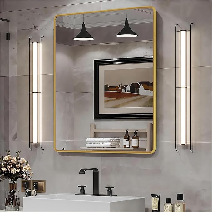 Gold Framed Mirrors for Bathroom,30 x 36 Inch Rounded Conner Rectangle Mirror for Wall, Matte Gold Vanity Mirror with Tempered Glass,Anti-Rust,Hangs Horizontally or Vertically