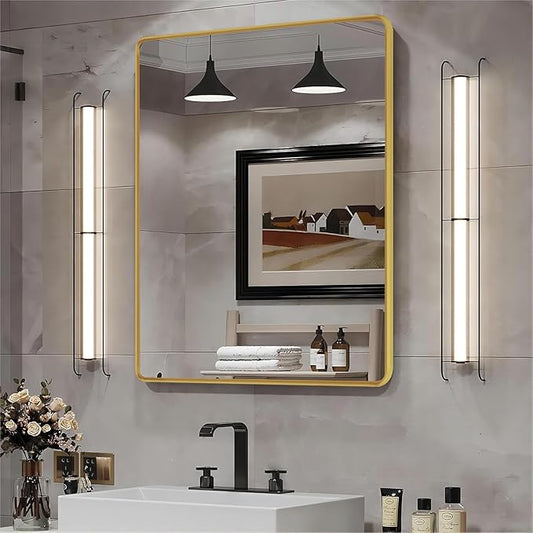Gold Framed Mirrors for Bathroom,30 x 36 Inch Rounded Conner Rectangle Mirror for Wall, Matte Gold Vanity Mirror with Tempered Glass,Anti-Rust,Hangs Horizontally or Vertically