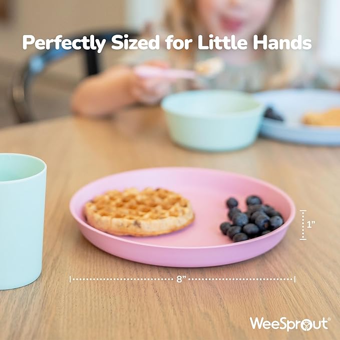 WeeSprout Bamboo Plates, Set of 4, Kid-Sized Dinnerware, Dishwasher Safe Melamine Dishware (Blue, Yellow, Orange, & Red, Without Lids)