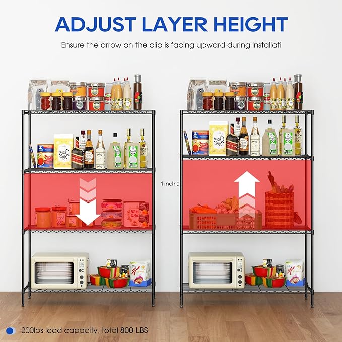 4-Tier Storage Shelves 35.4" L x 13.3" W x 53.7" H Metal Garage Shelves Standing Storage Shelf Adjustable Layer Racks with Steel Frame Suitable for Kitchen, Garage or Commercial Use (Black)