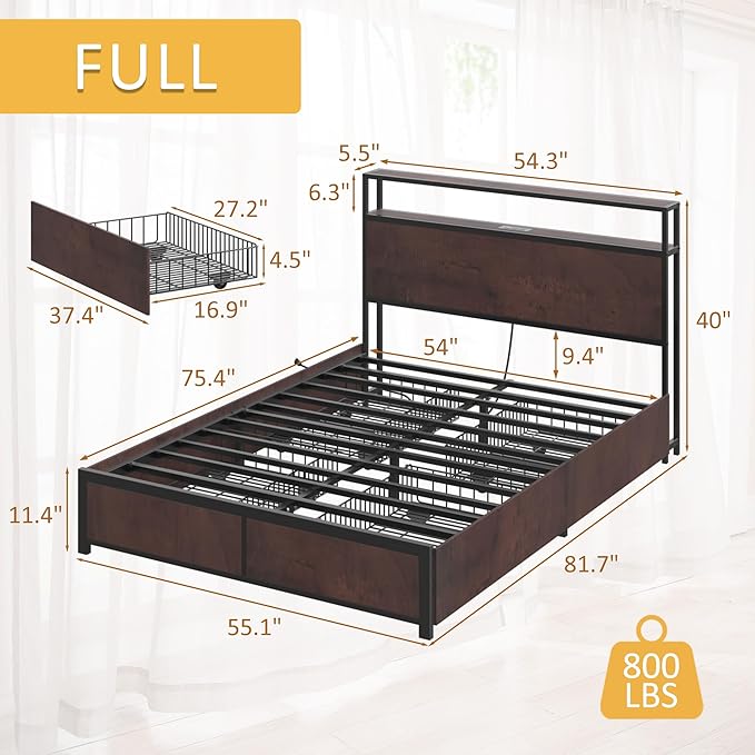 Lifezone Full Bed Frame with 2-Tier Storage Headboard, Metal Platform Bed Frame with 4 Storage Drawers, Built in Charging Station & LED, Noise-Free/Metal Support/No Box Spring Needed, Coffee Brown