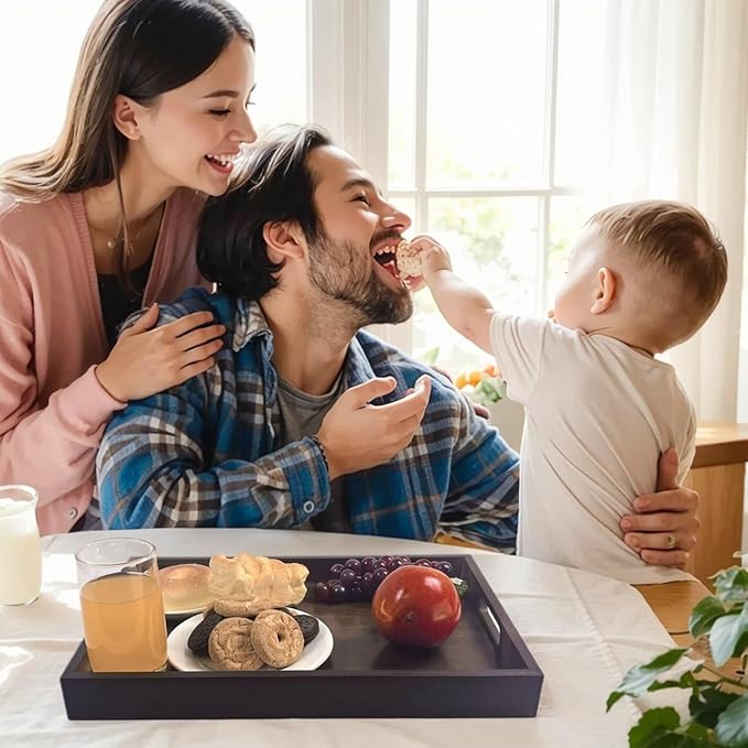 14.9''x10.2''x1.57'' Bamboo Wooden Tray with Handles, Rectangular Natural Solid Wood, Black Walnut Color Serving Tray Suitable for Kitchen,Bedroom,Coffee, Party Bars.