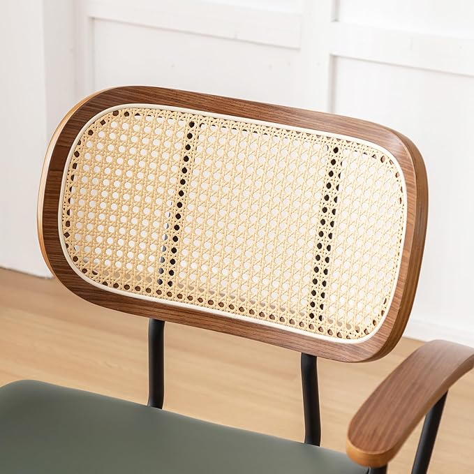 Rattan Dining Room Chairs Set of 2,Mid Century Modern Kitchen Side Chairs,Metal Legs Desk Chair,Faux Leather Accent Chair with Arms and Rattan Backrest Green PU