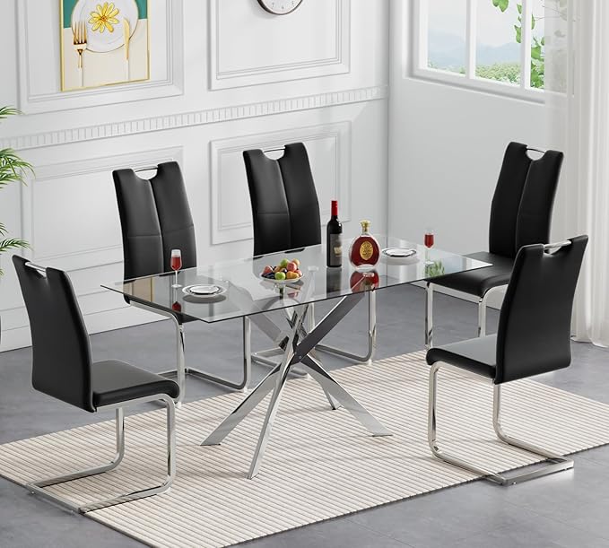 Modern Glass Dining Table Set for 4, Silver Glass Kitchen Table and Chairs Set of 4, 5 Piece Dining Room Table Set with 61" Rectangular Metal Glass Dinner Table and 4 Black Leather Dining Chairs