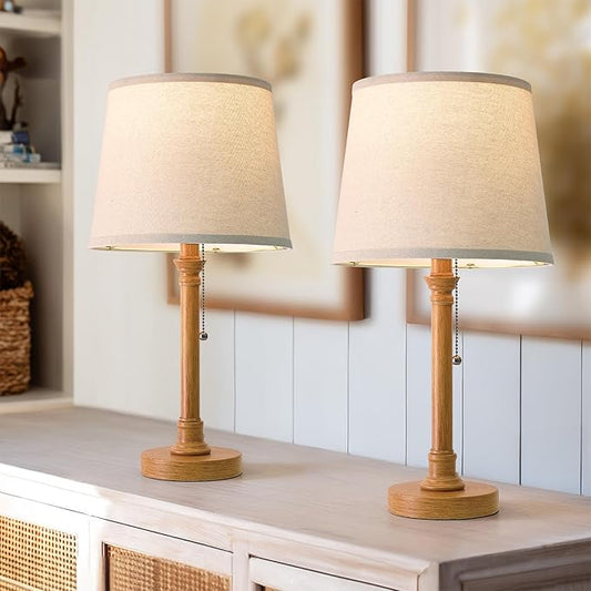 Oneach 19.5" Wood Grain Table Lamps Set of 2, Pull Chain Switch Bedside Table Lamps, Modern Nightstand Lamp with Linen Shade, Small Desk Lamp for Living Room, Bedroom, Home Office, Nursery