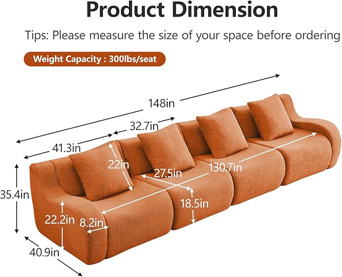 Orange 4-Seater Cloud Couch, Modern Teddy Fabric Boneless Sectional Sofa in a Box for Living Room, Modular Floor Couch, Comfortable Deep Seat, No Assembly Required, Sofas para Sala