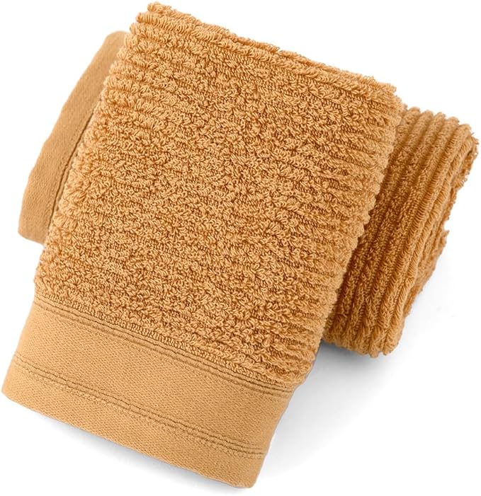 YiLUOMO Super Soft Mustard Orange Hand Towel Set of 2 Ribbed Striped Pattern 100% Cotton Absorbent Decorative Towel for Bathroom 13 x 29 Inch