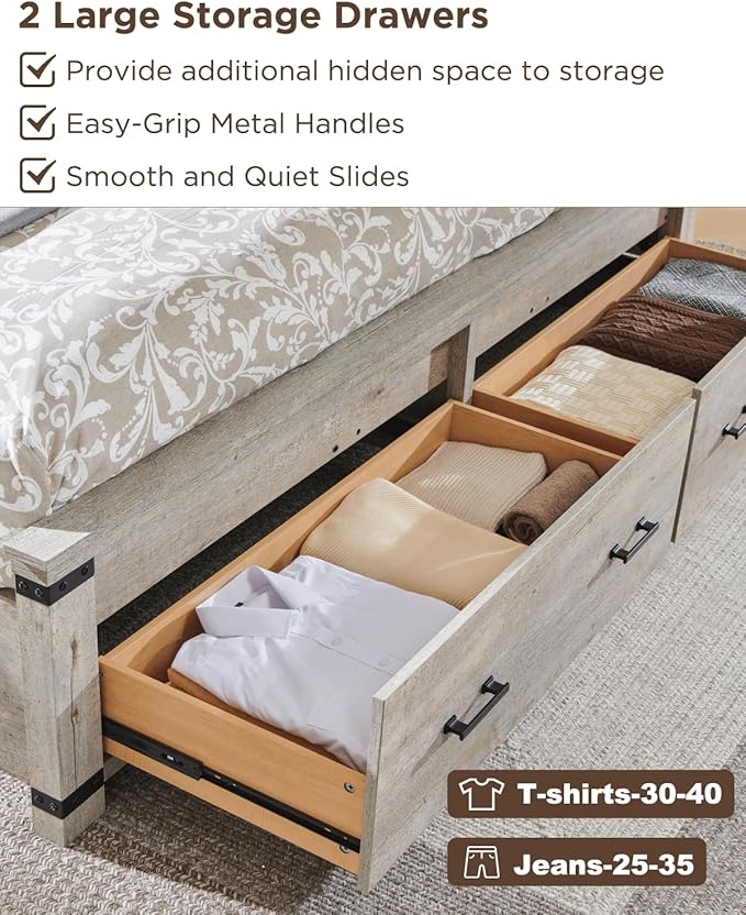 T4TREAM Farmhouse Queen Size Bed Frame with 54" Tall Geometric Headboard & 2 Large Storage Drawers, Rustic Wood Platform Bed with Wood Slats Support, No Box Spring Needed, Light Rustic Oak