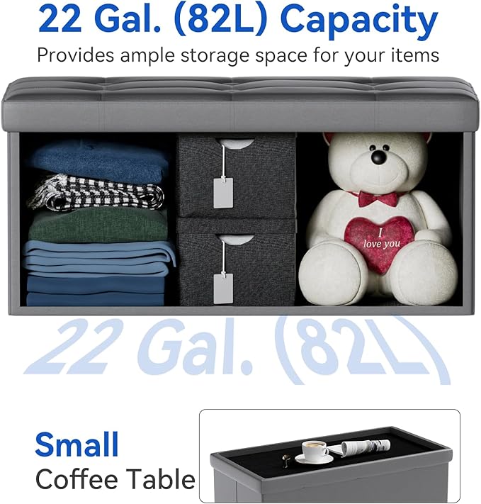 BRIAN & DANY 30 Inches Storage Ottoman Bench, Faux Leather Ottoman with Storage, Folding Bench Shoe, Foot Rest Stool, for Living Room, Gray