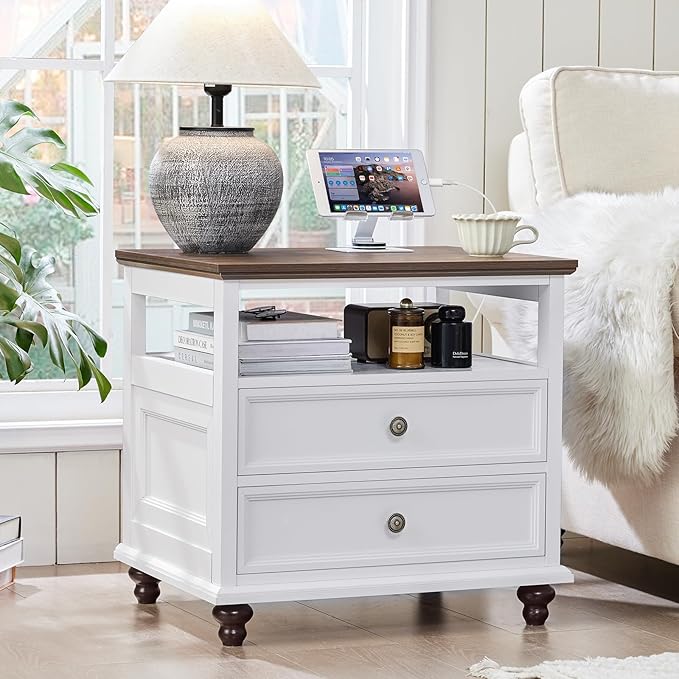 24" Wide Farmhouse Nightstand with Charging Station Set of 2,54" 7 Drawers Dresser, 37" Tall Rustic Chests of Drawers, Farmhouse Furniture Series for Bedroom,White