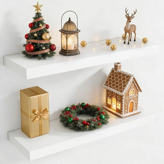 30 Inch Floating Shelves for Wall, 8 Inch Deep Floating Shelf for Storage & Display, Rustic Wall Mounted Shelf with Invisible Brackets for Living Room, Kitchen, Bathroom, Home Decor, Set of 2, White