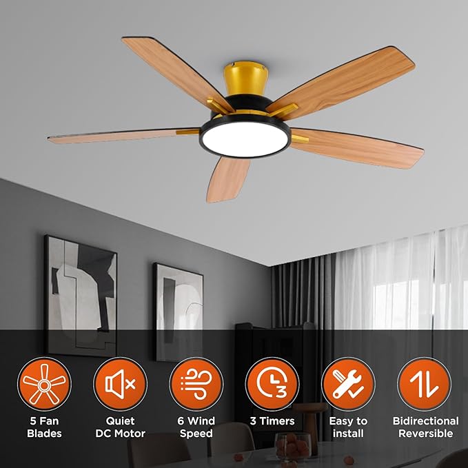 TALOYA 52 inch Ceiling Fans with Lights and Remote,Ultra Silent low profile Ceiling Fan with Three Color Temperature and Dimmable Light with Reversible Blades Black Gold