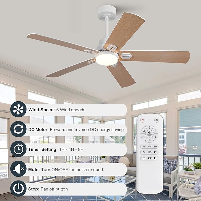 42 Inch White Outdoor Ceiling Fans with Lights and Remote, Dimmable 5 Blade Outdoor Ceiling Fans for Patios, White Ceiling Fan with Light for Bedroom Indoor Living Room
