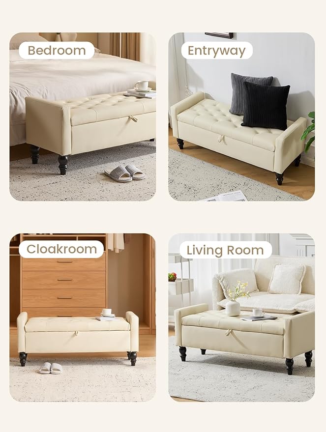 47" Storage Ottoman Bench, End of Bed Bench for Bedroom, Leather Upholstered Ottoman with Storage for Living Room, Entryway, Window (Beige)