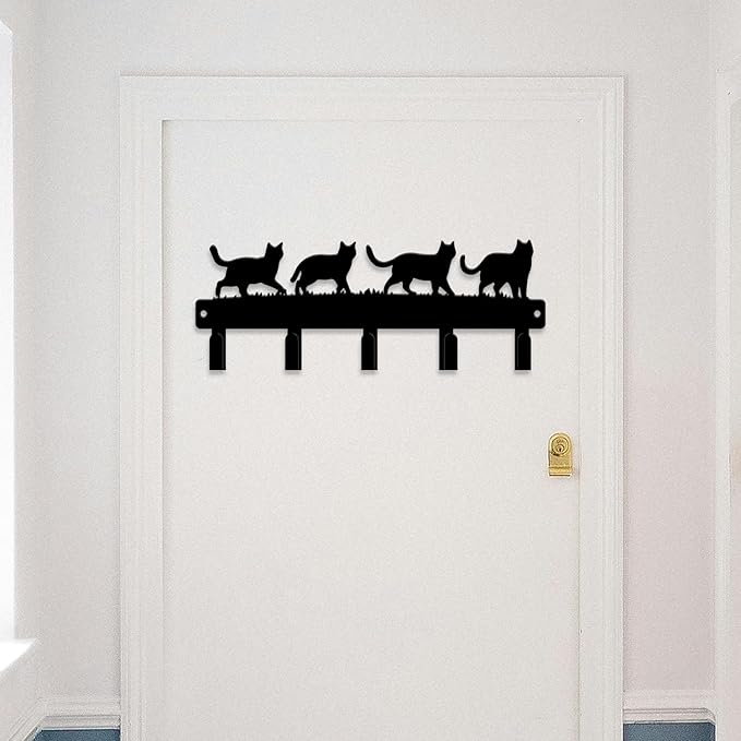magilab Cat-Themed 10-Inch Iron Key Hooks with 5 Hooks, Black Wall Organizer - Cute Cat Design for Home Decor, No Drill & Screw-in Options (Style B)