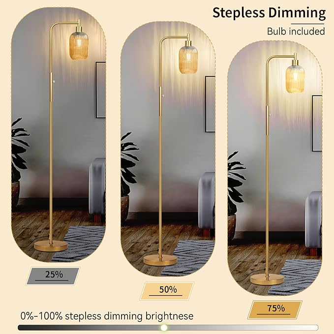 Glass Floor Lamp for Living Room, Dimmer Standing Lamp with Green Ribbed Lampshade,66” Tall Lamp & Gold Floor Lamp for Bedroom Study Room,Brushed Gold (Amber)