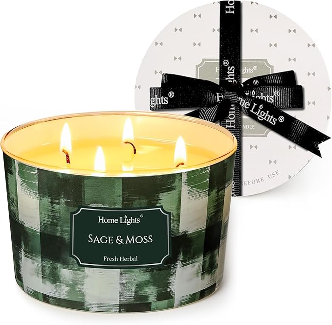 HomeLights Scented Candles for Women & Men, 18oz Candle Jars Aromatherapy 4-Wick Candle, Ideal for Scandinavian Minimalist Design Home Decor and Gifts, Sage & Moss