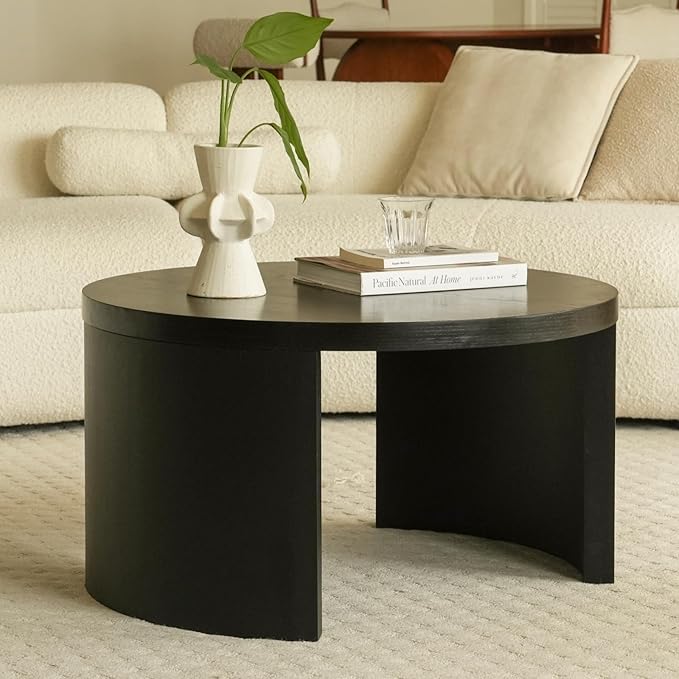 Round Nesting Coffee Table Set of 2, 31.5" Large and 18" Small Low Tables, Modern Wood Grain Tables for Living Room, Black