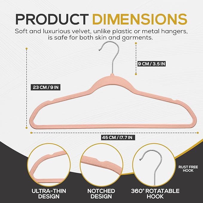 50 Pack New Premium Quality Velvet Hangers Ultra Thin Non Slip Adult Felt Space Saving Hangers for Closet Heavy Duty Coat Pants Jackets Dress Hangers 360° Swivel Hook Hold Upto 10lbs Rose Gold