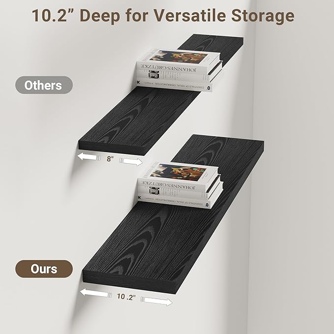 Vivelove 36 Inches Floating Shelves Wall Mounted, 10" Deep Wall Shelves for Bedroom, Bathroom, Living Room, Kitchen, Office, Home Decor, Modern Shelf, Set of 2, Black, 36x10.2x1.5