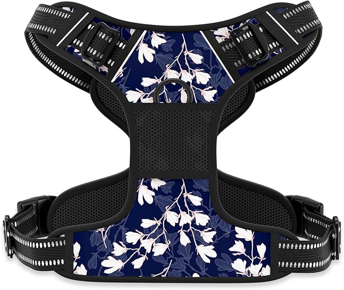 Rnivvi No Pull Dog Harness, Cute Flower Reflective Medium Sized Puppy Harness, Adjustable Soft Padded Vest for Medium Dogs, Heavy Duty Pet Vest with Easy Control Handle for Walking, Blue White