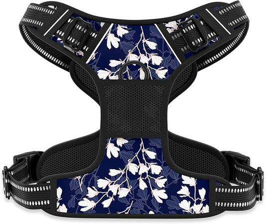 Rnivvi No Pull Dog Harness, Cute Flower Reflective Medium Sized Puppy Harness, Adjustable Soft Padded Vest for Medium Dogs, Heavy Duty Pet Vest with Easy Control Handle for Walking, Blue White