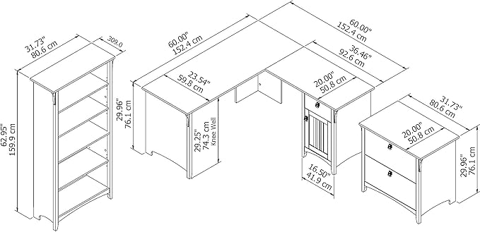 Bush Furniture Salinas L Shaped Desk with File Cabinet and 5-Shelf Bookcase 3 Piece Living Room Furniture Set in Cape Cod Gray Storage Cabinet, Bookshelf & Office Desk