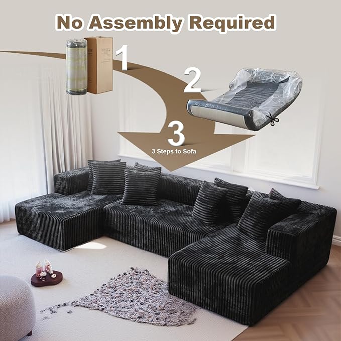 106'' Boneless Couches for Living Room, L Shaped Modular Sectional Sofa with Chaise Lounge, Faux Rabbit Fur & Layered Cushion Deep Seat Cloud Couch, No Assembly (Black, 130 U Shaped)