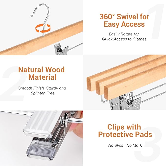 HOUSE DAY Premium Wooden Pants Hangers 15 Pack, Solid Lotus Wood Skirt Hangers with 2-Adjustable Clips, Heavy Duty & Anti Slip Wood Bottom Hanger for Slacks, Jeans, Trousers, Shorts (Natural)