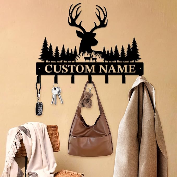 Personalized Custom Name Forest Deer Wall Keys Hooks,Metal Forest Deer Art Clothes Hooks,Metal Forest Deer Wall Home Storage Decorative,For Front Door, Hallway, Kitchen, Bedroom,Keys,Hats (Style A)