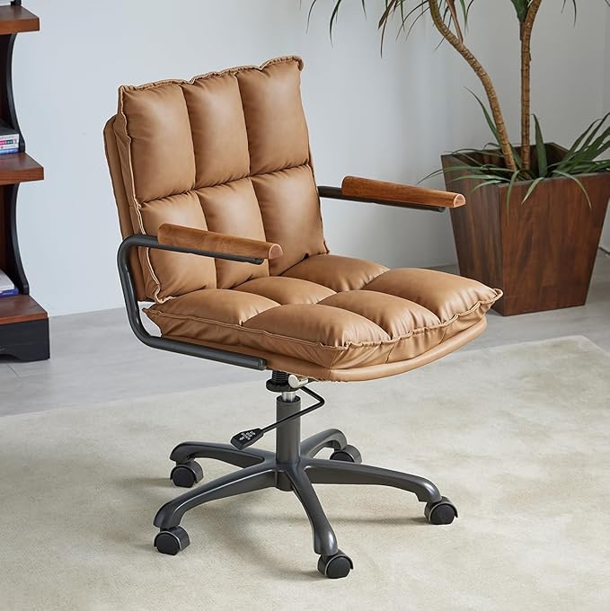 Home Office Desk Chair, Ergonomic Computer Chair with Wheels and Oak Arms, Adjustable Height Rolling Swivel Executive Task Armrests Chair, Camel Brown