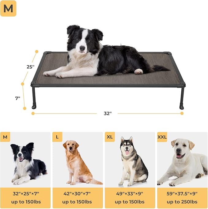 Veehoo Chewproof Elevated Dog Bed - Cooling Raised Pet Cot, Breathable Mesh, Washable & Non-Slip for Medium Dogs, Indoor/Outdoor, Brown Mat and Black Frame, 32x25inches (Model CWC2203A03)