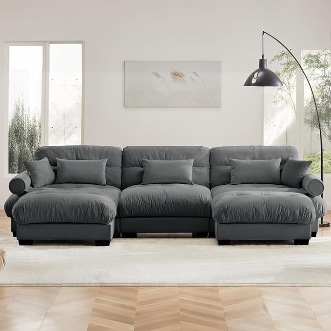 130" Grey Modular Sectional Sofa, 3 Seater Large Sectional Couches for Living Room, Velvet Fabric Oversized Fluffy Cloud Couch with Ottoman, Deep Seat Home Sofas Set, Sofá Moderno, U Shaped