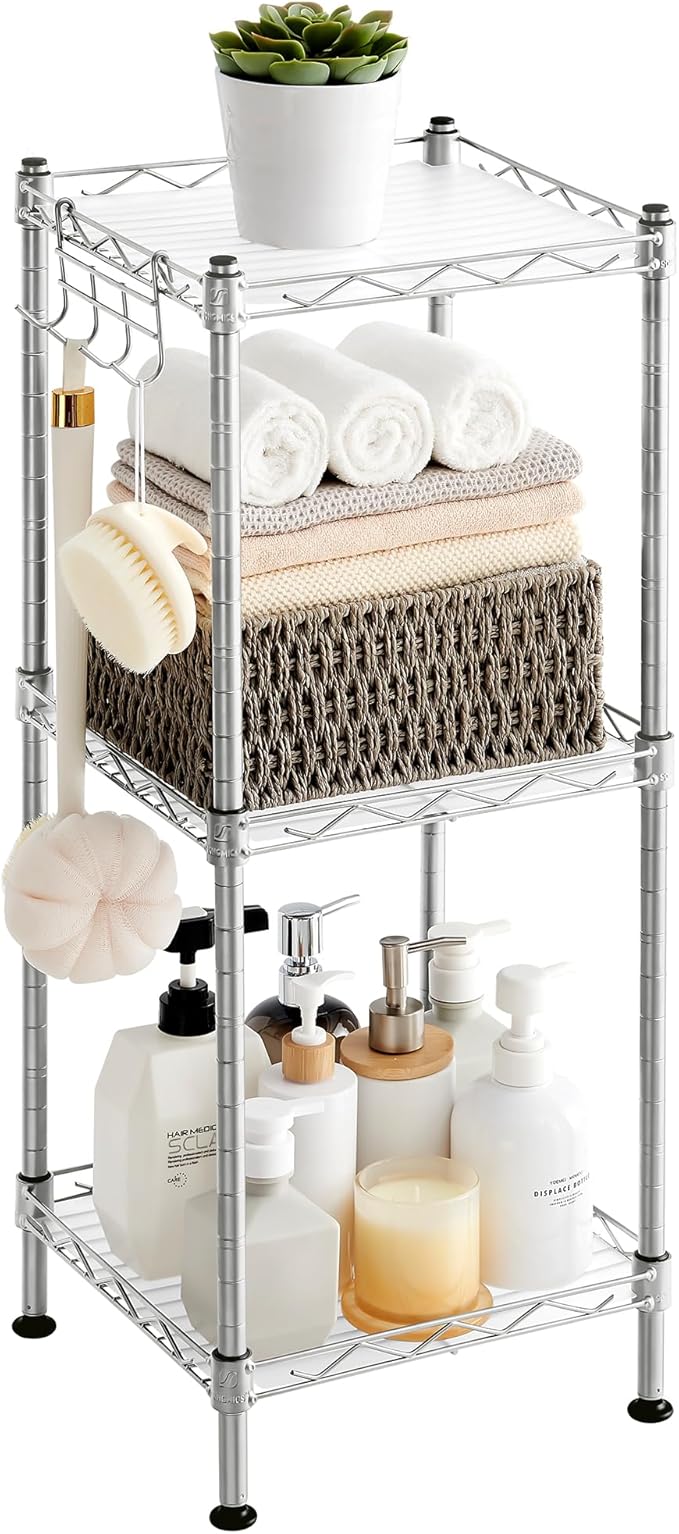 SONGMICS 3-Tier Bathroom Shelf, Storage Rack for Small Space, with 3 PP Shelf Liners, Removable Hook, Extendable Design, Silver and Translucent ULGR103E01