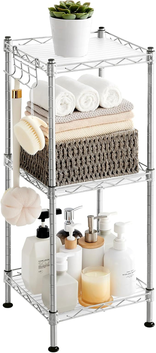 SONGMICS 3-Tier Bathroom Shelf, Storage Rack for Small Space, with 3 PP Shelf Liners, Removable Hook, Extendable Design, Silver and Translucent ULGR103E01
