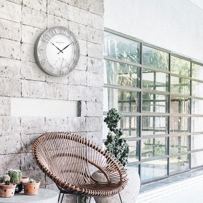 Presentime & Co 13" Farmhouse Outdoor Wall Clock w/Outdoor Thermometer, Farmhouse Style, Raised 3D Arabic Numerals, Faux Galvanized Finish (Wall Clock for Patio, Cottage, Poolside, Garden Spaces)
