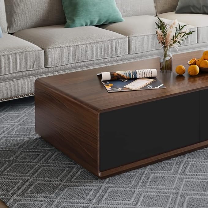POVISON Modern Coffee Table for Living Room, 51 inch Square Coffee Table with Storage, 4-Drawers Wood Table, Full-Assembled, Walnut and Black