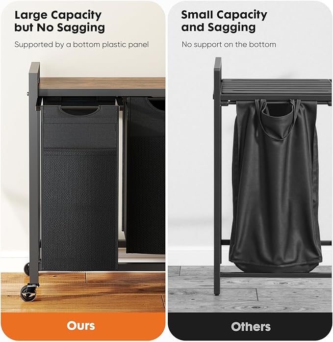 Sweetcrispy Laundry Hamper with 3 Pull-Out Removable Sorter Bags, Movable Wheels, Freestanding Clothes Basket Organizer in Bathroom, 3 × 10.6 Gal (120L) Capacity, Rustic Brown and Black