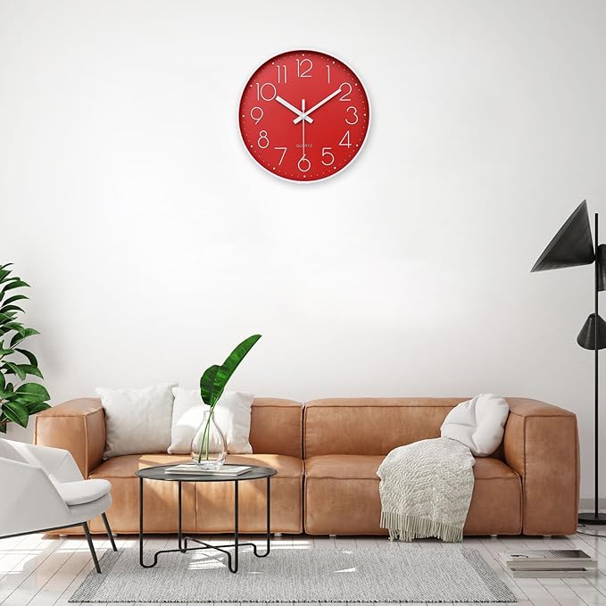 jomparis Red Wall Clock 12 Inch Silent Non-Ticking Battery Operated Quality Quartz Round Wall Clock Modern Decor Clock for Home Bedroom