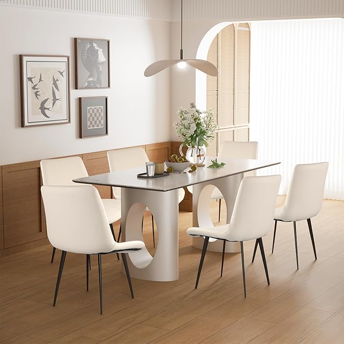 Dining Chairs, Modern PU Leather Dining Room Chair with Sturdy Metal Legs, Upholstered Seat Dinner Chairs Accent Side Chairs for Indoor Kitchen Living Room (Beige, Set of 6)