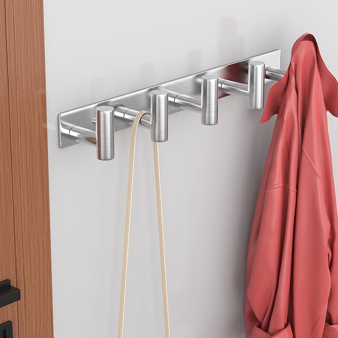 HUFEEOH Silver Coat Hooks Wall Mount, T Shaped 5 Hooks Stainless Steel Wall Hooks Towel Rack for Hanging, Heavy Duty Key Holder Hat Rack Used for Bathroom
