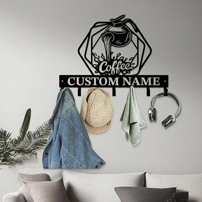 Coffee Bar Keys Holder - Metal Iron Wall Hooks with Custom Name | Personalized Home Decor & Gift Idea | Coffee-Themed Text Engraving Design (Style F)