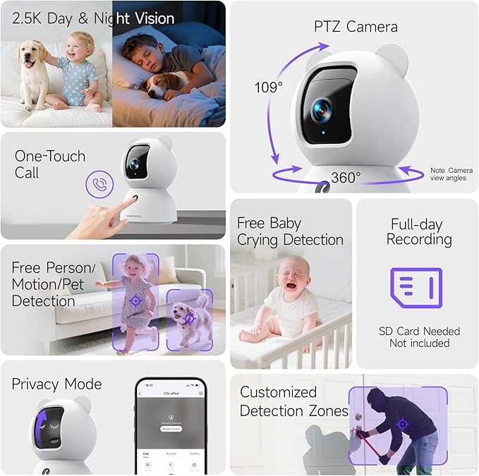 2.5K Indoor Camera 2pack, Non-Subscription AI Person/Pet/Cry Detection, 4MP Pet/Dog/Cat/Baby Camera w/Phone App, Pan Tilt 2.4GHz WiFi Cameras for Home Security, Night Vision, Full Duplex 2-Way Audio