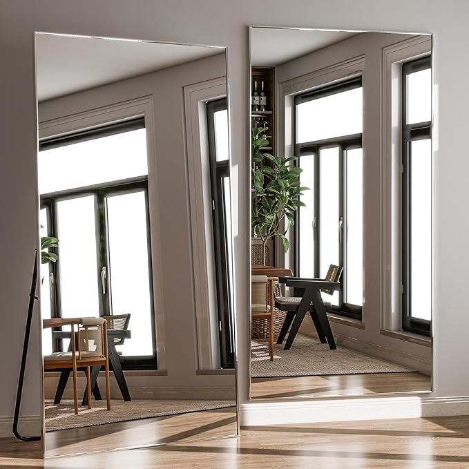 GLSLAND 71"x31" Full Length Mirror Extra Large Hanging or Leaning Rectangle Mirror Aluminum Alloy Thin Frame Bedroom Floor Dressing,Silver