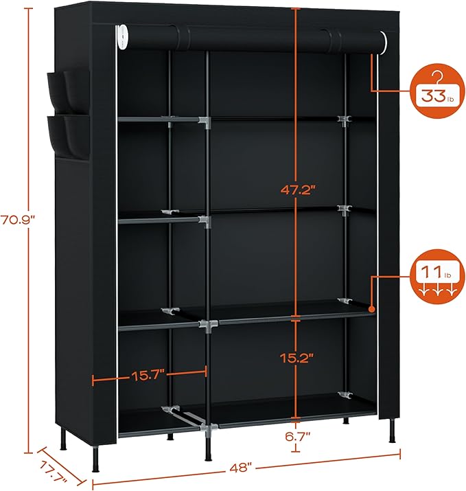 Portable Closet, 48 Inch Large Capacity Wardrobe Closet, Clothes Storage Organizer with Shelves and Hanging Rod, Easy to Assembly, Black PCT221B01