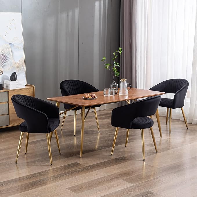 Modern Black Velvet Dining Chairs Set of 8, Upholstered Gold Dining Room Chairs with Tufted Back, Accent Armrest Kitchen Chairs with Gold Legs for Dining Room Reception
