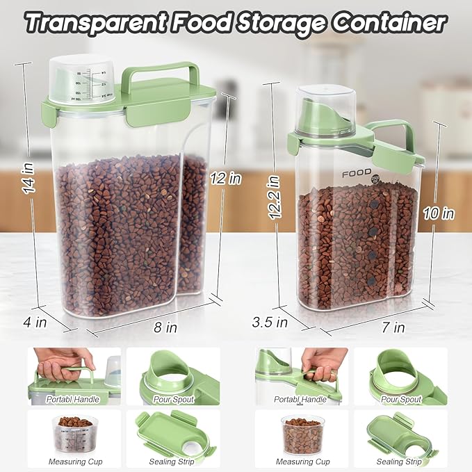 Dog Food Storage Container, Upgraded Large Nozzle BPA-free, 3-5 LBS Plastic Pet Food Storage Containers, With 4 Sealed Clasps, 1 Measuring Cup and Handle (Avocado Green (3L+5L))